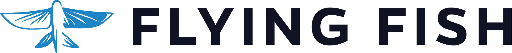 A stylized blue flying fish graphic on the left with the words "FLYING FISH" in bold, dark text to the right—perfect for a traveling exhibition Jules Verne event.