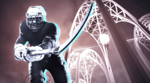 A hockey player in full gear is shown in action with an abstract background inspired by the Pacific Science Center's tall, white arches and a dramatic Seattle sky.