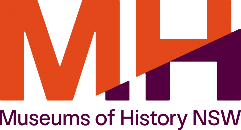 Black capital letters "MH" in bold font, with the text "Museums of History NSW" and “Who We Are Flying Fish” underneath in smaller, regular font on a white background.