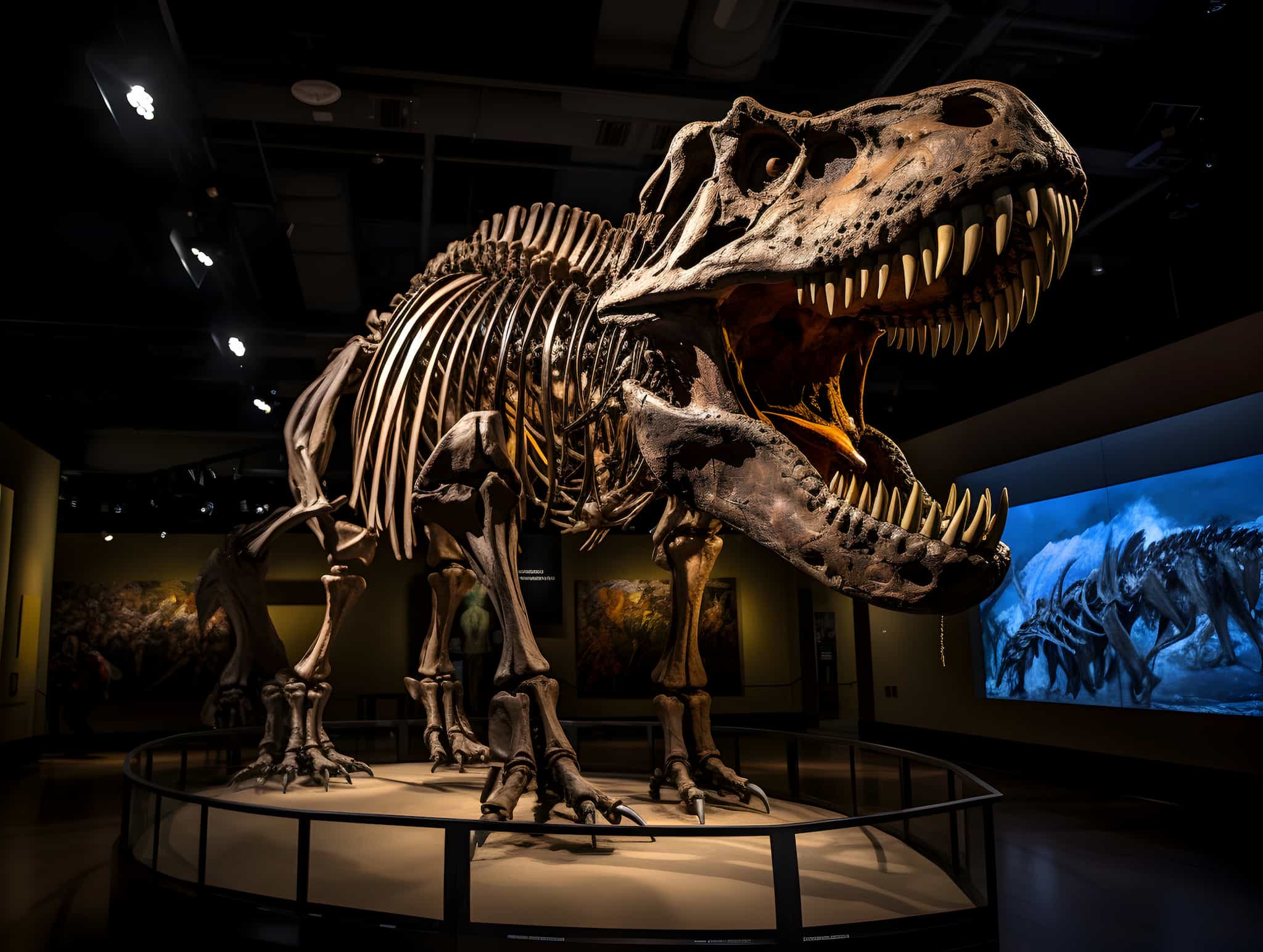 A large Tyrannosaurus rex skeleton is displayed in a museum exhibit, surrounded by railing, with dinosaur artwork in the background—redefining excellence in exhibitions for every visitor.