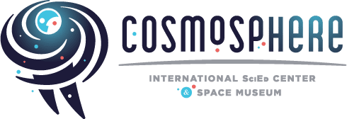 Cosmosphere logo featuring a stylized galaxy and "Cosmosphere International SciEd Center & Space Museum," ideal for touring exhibition promotions or collaboration with traveling exhibition companies.