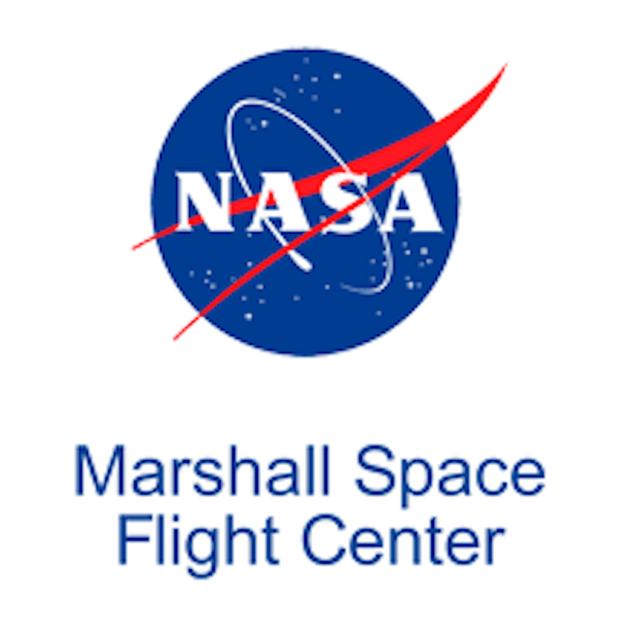 NASA logo with a red vector and white orbit on a blue circle, above the text "Marshall Space Flight Center" in blue letters on a white background. Flying Fish Traveling Exhibitions Who We Are highlights this iconic design.