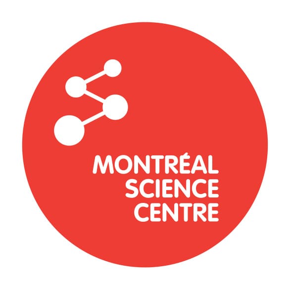 Red circle with a white molecule-like graphic in the top left and the text "MONTRÉAL SCIENCE CENTRE" in white on the right, representing their renowned touring exhibition and traveling exhibition services.