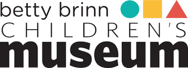 Betty Brinn Children's Museum logo with geometric shapes—a teal circle, yellow square, and red triangle—above the word "museum." Features Who We Are Flying Fish Traveling Exhibitions as part of its creative identity.