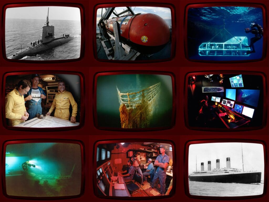 a collage of images of ships for Finding Titanic exhibition