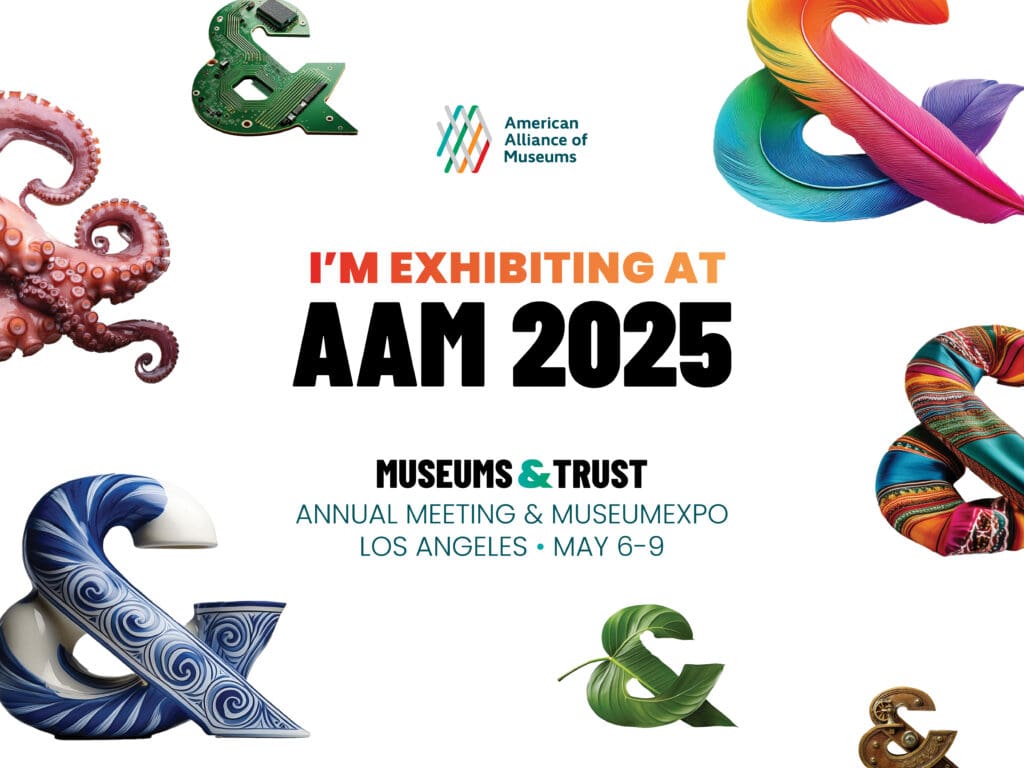Promotional graphic for the AAM 2025 Annual Meeting & MuseumExpo in Los Angeles, featuring colorful ampersand designs and event details.