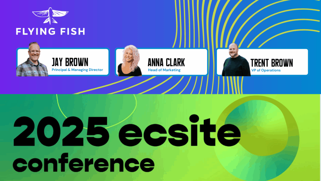 a styled marketing graphic portraying Jay Brown, Anna Clark, and Trent Brown of Flying Fish Exhibits as participants at the Ecsite 2025 conference