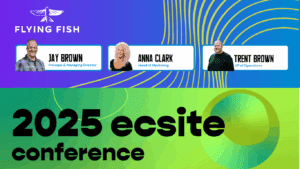 a styled marketing graphic portraying Jay Brown, Anna Clark, and Trent Brown of Flying Fish Exhibits as participants at the Ecsite 2025 conference